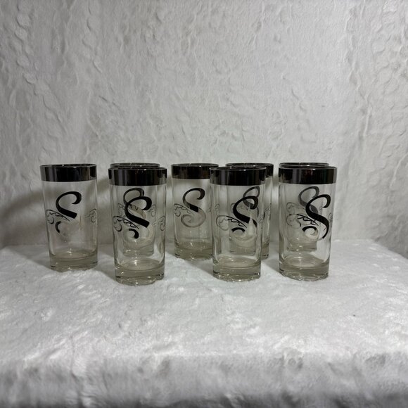 8 Vintage MCM Dorothy Thorpe Monogram “S” Silver Band Highball Tumbler Glasses